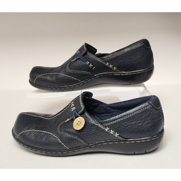 Clarks Bendables Women Navy Blue Leather Loafer Moccasin Shoes Size 8.5M - Picture 2 of 8
